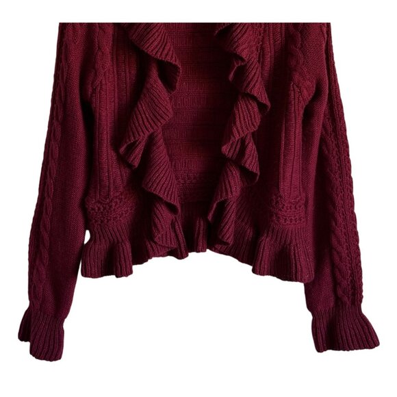 Anne Klein Burgundy Ruffled Open Cardigan Y2K Cropped Metallic Womens M Cozy - Picture 3 of 5